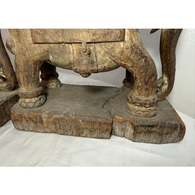 Pair of Antique 1700's Hand Carved Wood India Temple Salvage Elephant Sculptures For Sale - Image 13 of 18