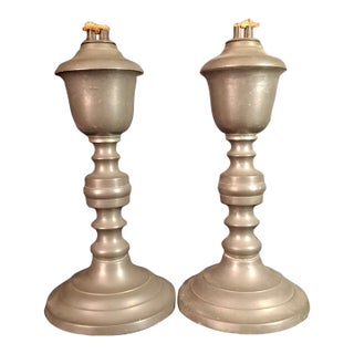 Pair Antique 1840s Freeman Porter Pewter Whale Oil Lamps Westbrook Maine No. 1 For Sale