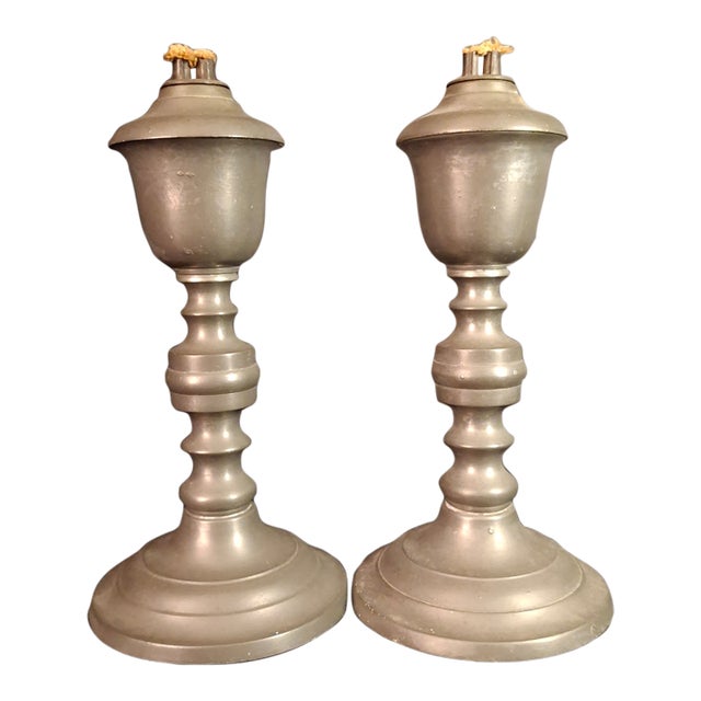 Pair Antique 1840s Freeman Porter Pewter Whale Oil Lamps Westbrook Maine No. 1 For Sale