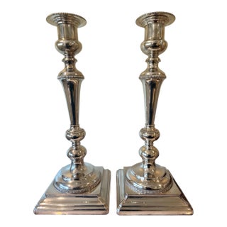 Monumental Pair of Substantial Silver-Plated Standing Floor Candlesticks - 25" Tall For Sale
