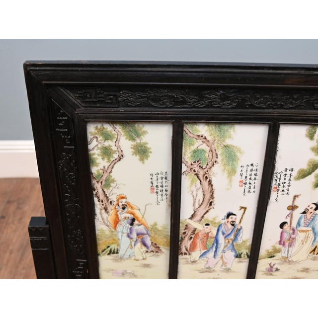 Black Large Japanese Meiji Porcelain Carved Screen Room Divider For Sale - Image 8 of 11