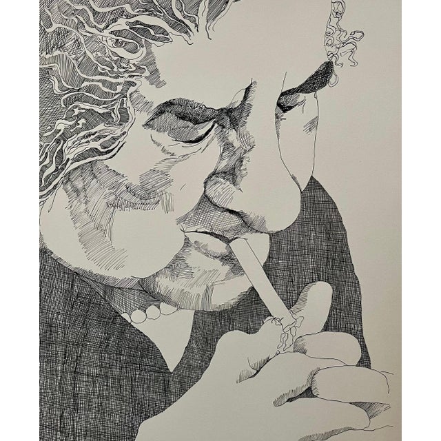Nancy Drosd, Golda Meir Israeli Woman Prime Minister Smoking Cigarette Ink Line Etching Print, 1972 For Sale