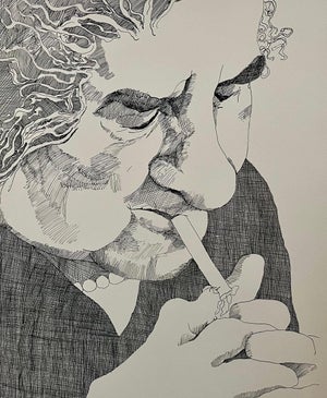 Nancy Drosd, Golda Meir Israeli Woman Prime Minister Smoking Cigarette Ink Line Etching Print, 1972