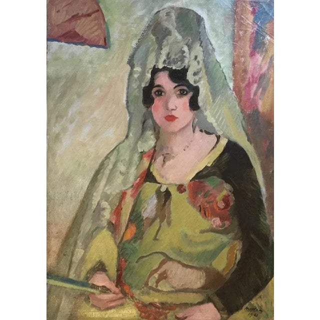 1920s Henry Meylan, Jeune espagnol à la mantille et éventail, 1925, Oil on Wood For Sale - Image 5 of 5