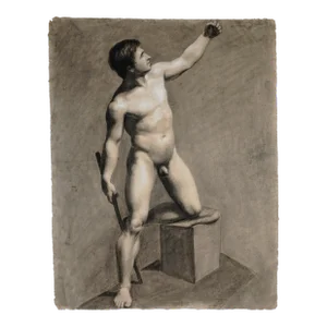 Antique French Male Nude Academic Study Charcoal Life Drawing Portrait