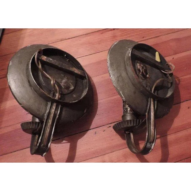 Late 19th Century Vintage Colonial Revival Round Mirrored Tole Tin Sconces - A Pair For Sale - Image 5 of 9