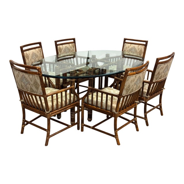McGuire Furniture Oval Glass Top Dining Table + Six Far East Collection Dining Armchairs, Vintage Set For Sale
