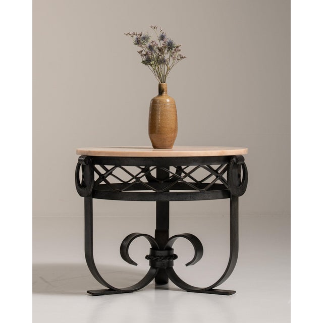 1920-1929 France Warm White Marble Wrought Iron Scroll-Base Table For Sale - Image 10 of 11