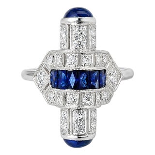 1920s 14K White Gold Hand Cut Diamond Sapphire Mosaic Ring Art Deco Estate, Size 6.5 For Sale