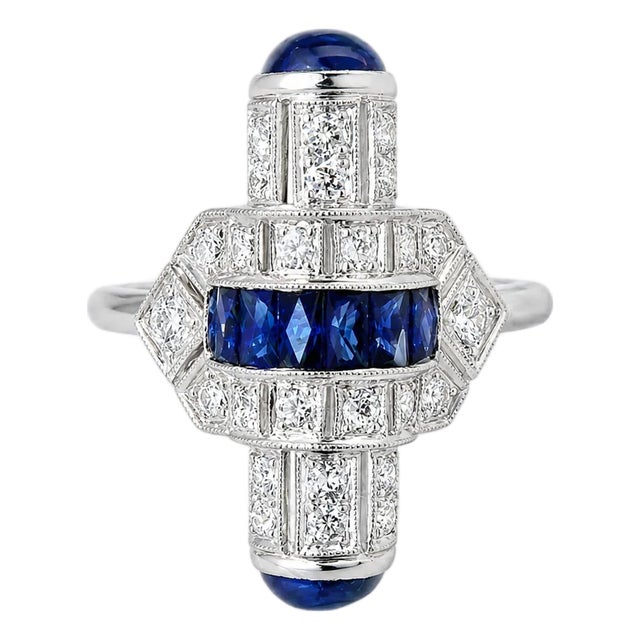 1920s 14K White Gold Hand Cut Diamond Sapphire Mosaic Ring Art Deco Estate, Size 6.5 For Sale