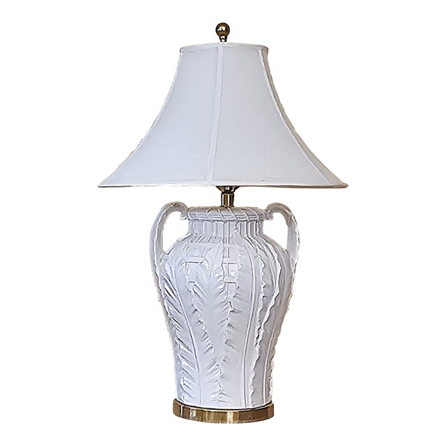 Vintage Paul Hanson Style White Ceramic Urn Table Lamp With Raised Botanical Relief Design For Sale