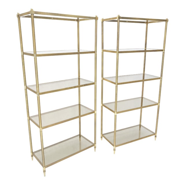 Pair Decorative Brass Smoked Glass 4 Tier Shelves Vitrines Etageres Displays For Sale