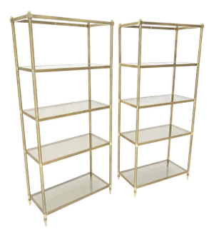 Pair Decorative Brass Smoked Glass 4 Tier Shelves Vitrines Etageres Displays