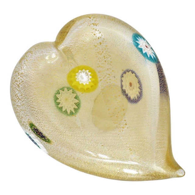 Vintage Murano Glass Heart With Gold Aventurine and Murrines Paperweight - Signed For Sale