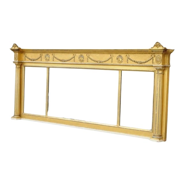 Antique Large 83" Victorian Gold Giltwood Figural Triple Overmantle Mirror For Sale