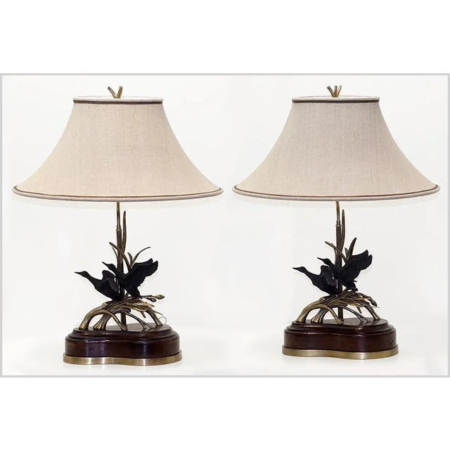 Brass One Theodore Alexander Brass and Burl Wood Ducks Soaring Lamp For Sale - Image 8 of 8