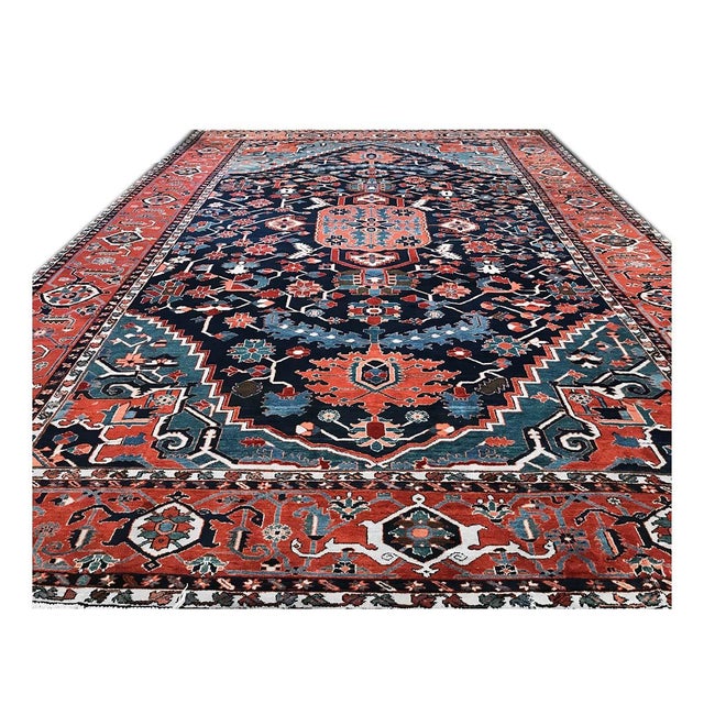 Antique Persian Serapi Wool 13x19 Blue & Red Handmade Oversized Area Rug #1143922 For Sale - Image 4 of 8