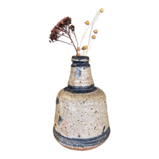 Signed Vintage Studio Pottery Vase by Matay, Hand Thrown Stoneware With Speckled Glaze and Cobalt Brush Accents. For Sale