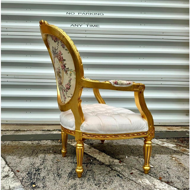 2010s White Velvet Chair Tufted With Gold Leaf Details French Style For Sale - Image 5 of 9