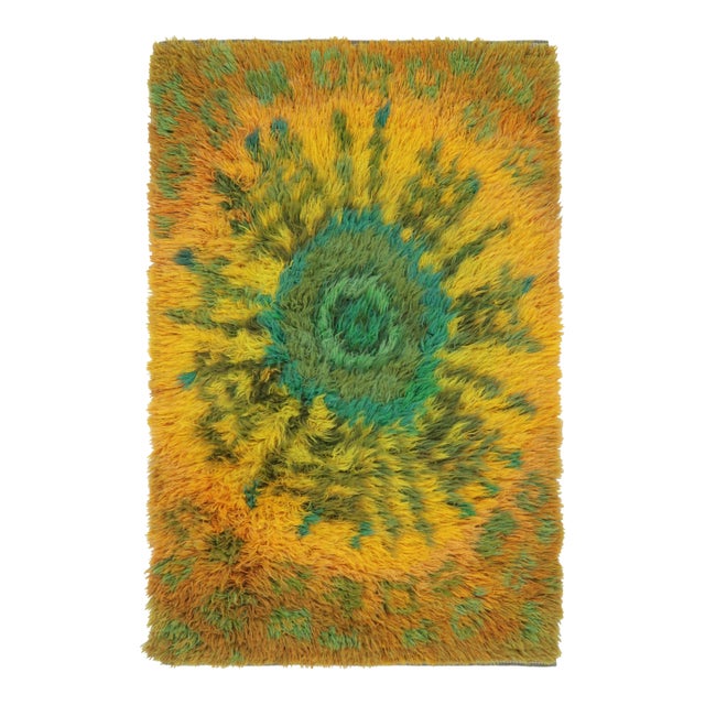 Vintage Swedish Rya Rug, Radiant Green and Orange Geometric Pattern - Rug & Kilim For Sale