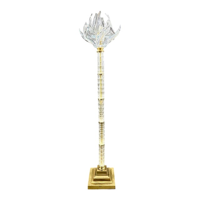 Vintage Mid-Century Modern Dresden Cut Crystal Floor Lamp With Flame Motif Shade For Sale