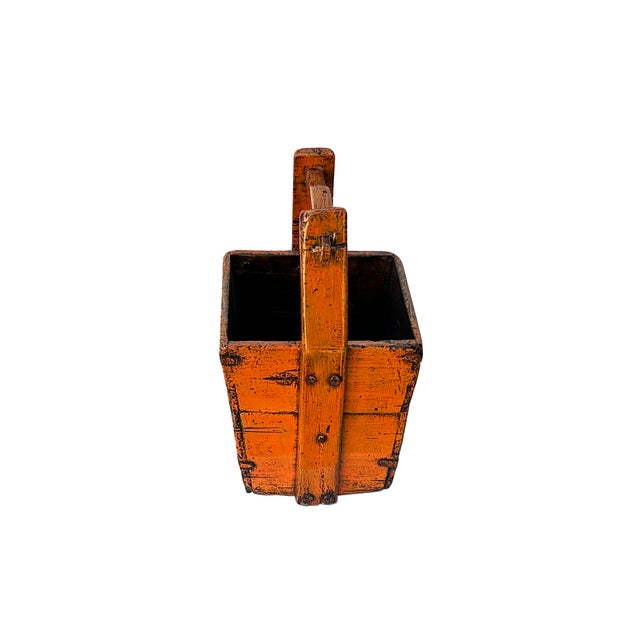 Rustic Vintage Rustic Orange Square With Handle Wood Bucket For Sale - Image 3 of 6