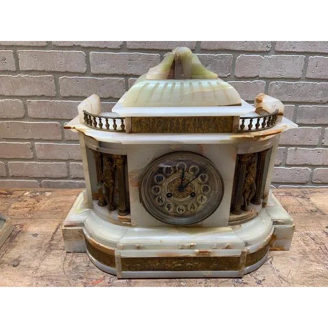 French Antique French Louis XVI Style Onyx & Gilt Bronze Garniture Clock Set With Vincenti Médaille D’Argent Movement For Sale - Image 3 of 12