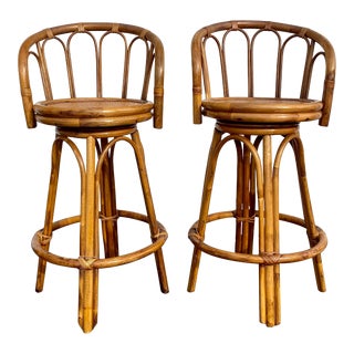 Vintage Albini Style Rattan Swivel Barstools - a Pair For Sale