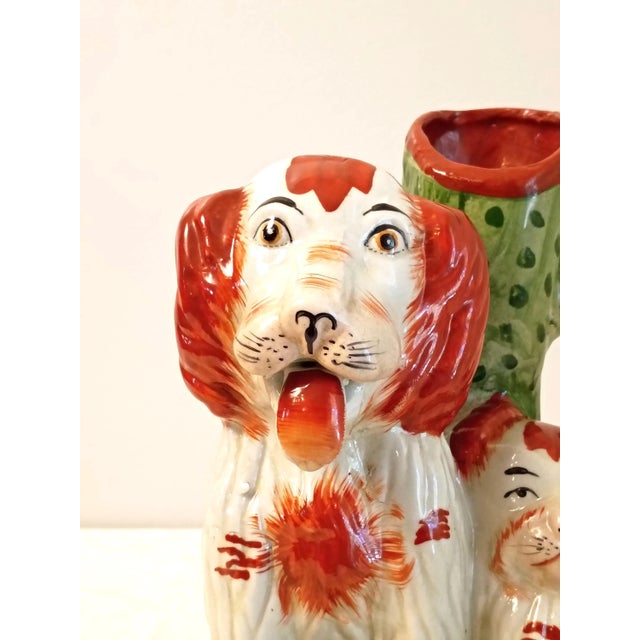 Victorian Antique Staffordshire Dog Spill Vase With Cactus King Charles Spaniels | Rare Large Slip Cast Mold | Hand Painted Victorian Era Decor For Sale - Image 3 of 13
