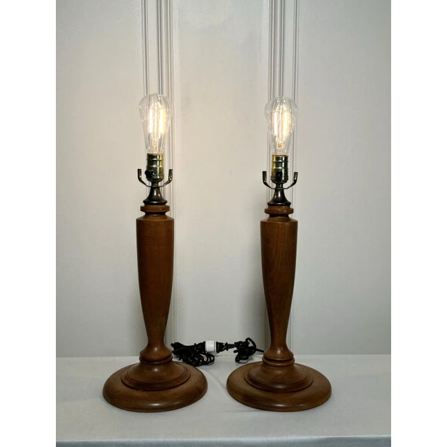 Mid-Century Modern Neoclassical Traditional Brass & Solid Wood-TurnedTable Lamps, a Pair For Sale - Image 3 of 12