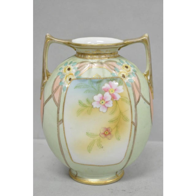 Ceramic Antique Nippon Art Nouveau Hand Painted Porcelain Pink Flower Twin Handle Vase For Sale - Image 7 of 14