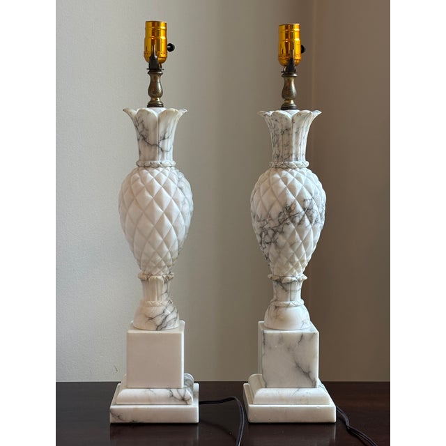 1950s Hand Carved Italian Alabaster Table Lamps W/ Sculptural Pineapple Motif -- A Pair For Sale - Image 11 of 18