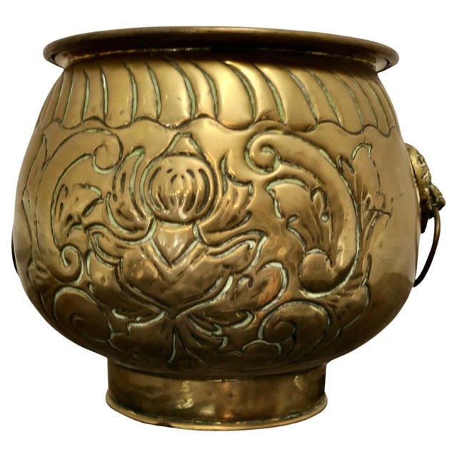 Goldenrod Large Victorian Brass Lions Mask Planter For Sale - Image 8 of 8