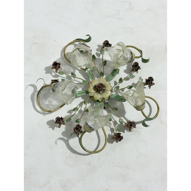 5-Light Ceiling Lamp in Decorated Wrought Iron and Murano Glass, 1980s. For Sale - Image 9 of 9