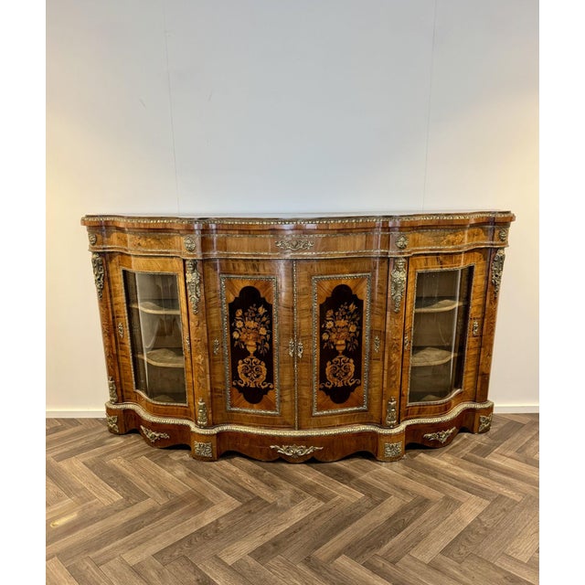 Antique Victorian Walnut Marquetry Inlaid Credenzas, 1880s, Set of 2 For Sale - Image 16 of 18