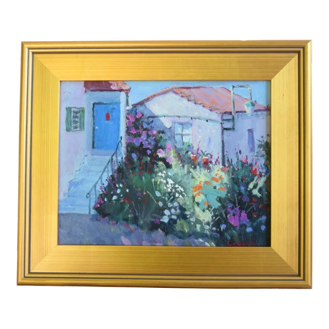 Silvio Silvestri, Portugal Cottage Home Landscape Painting Including the Antiqued Gold Frame For Sale