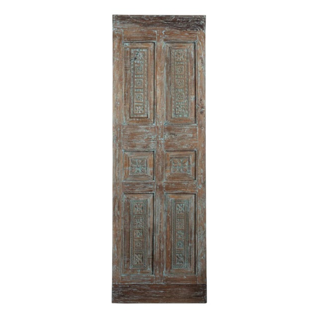 Antique Distressed Blue Carved Door – Artisanal Hinged or Barn Door Statement Piece 80x26 For Sale