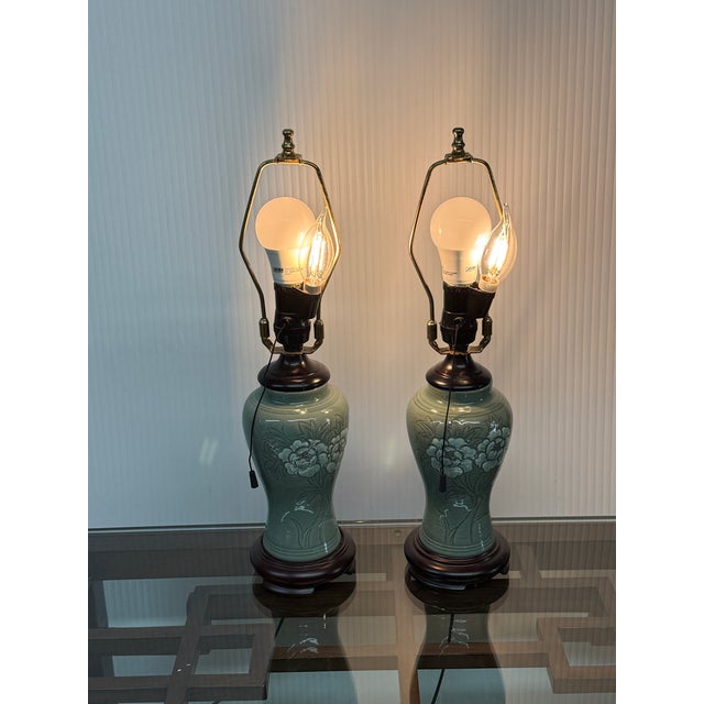 Mid 20th Century Chinese Jade Glazed Porcelain Table Lamps, Pair For Sale - Image 10 of 10