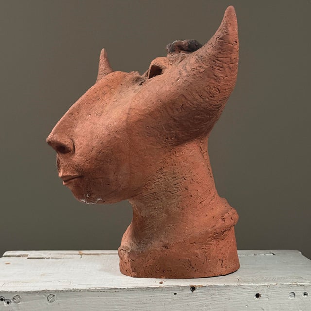 Vintage Surrealist Minotaur Terracotta Portrait Candelabra Dimensions: 12 in. H × 12.5 in. W × 10.5 in. D A hand-built...