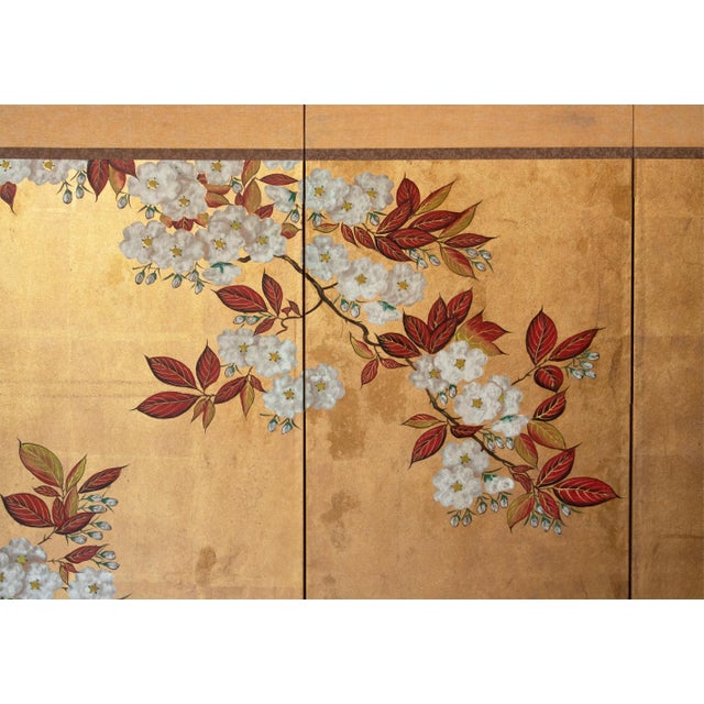 C. 1970s Chinese Six-Panel Gold Leaf Style Painted Screen "Blossoming Plum Tree" For Sale In Dallas - Image 6 of 18