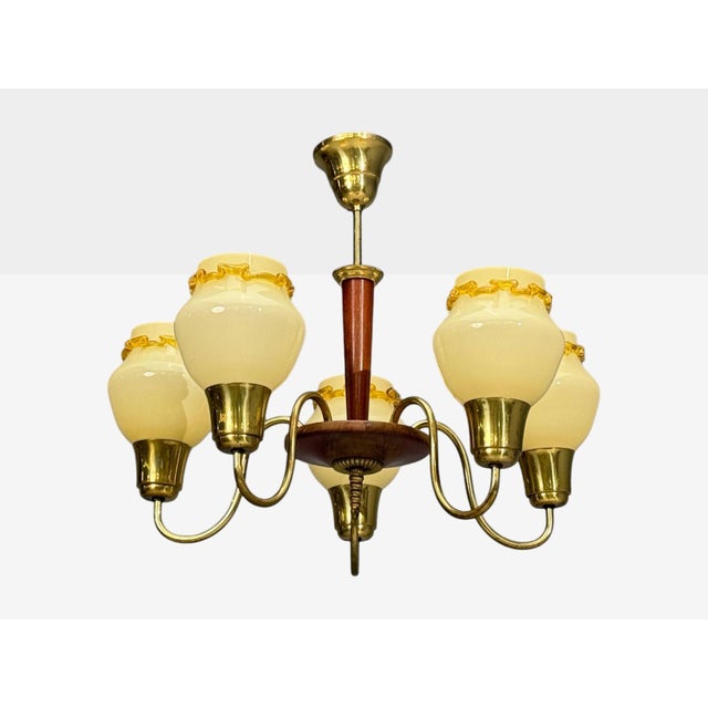1950s 1950s Swedish Modern, Chandelier, Brass, Wood, Yellow Glass For Sale - Image 5 of 11