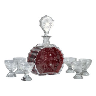Vintage Art Deco Cut Crystal Decanter and Six Cordial Glasses, 1930s, Set of 7 For Sale