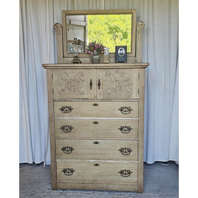 Antique White Oak Chiffonier/ tallboy /chest of drawers, with an attached antique mirror. Beautiful white oak wood and...