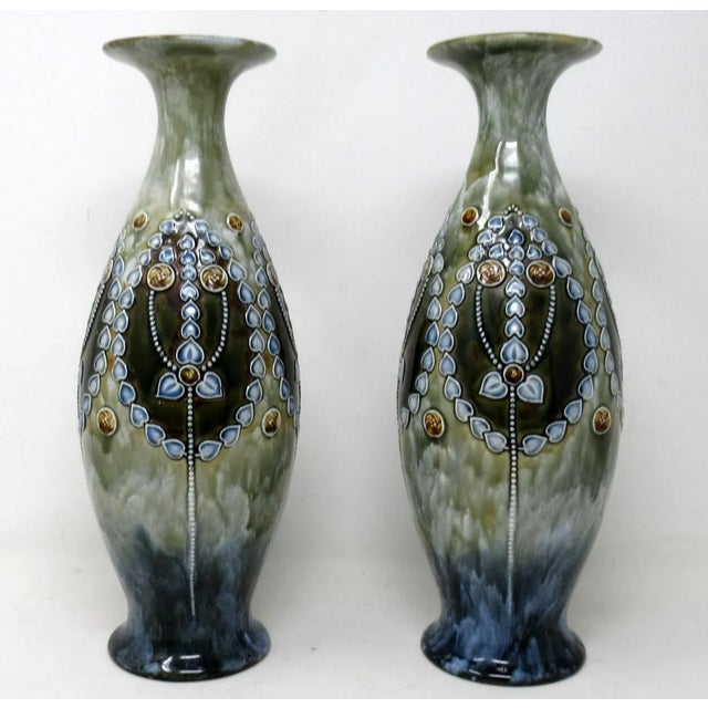 Antique Pair English Porcelain Royal Doulton Ceramic Art Nouveau Vases Urns For Sale - Image 10 of 10