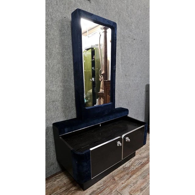 Art Deco Dressing Table with Mirror – Blue Velvet – 1930s/40s A superb Art Deco dressing table with an elegant and...