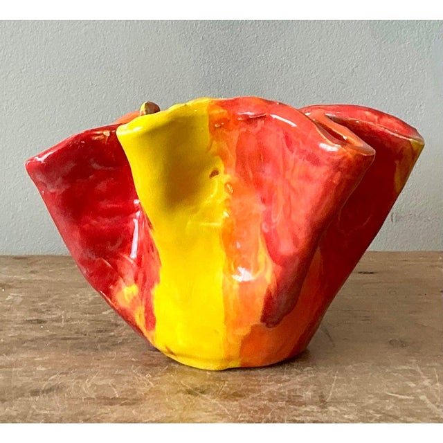 Late 20th Century Vintage Boho Ruffle Stripe Studio Pottery Bowl For Sale - Image 5 of 7