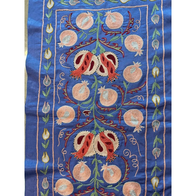 Periwinkle Silk Suzani Runner With Peach Pomegranates For Sale - Image 4 of 7