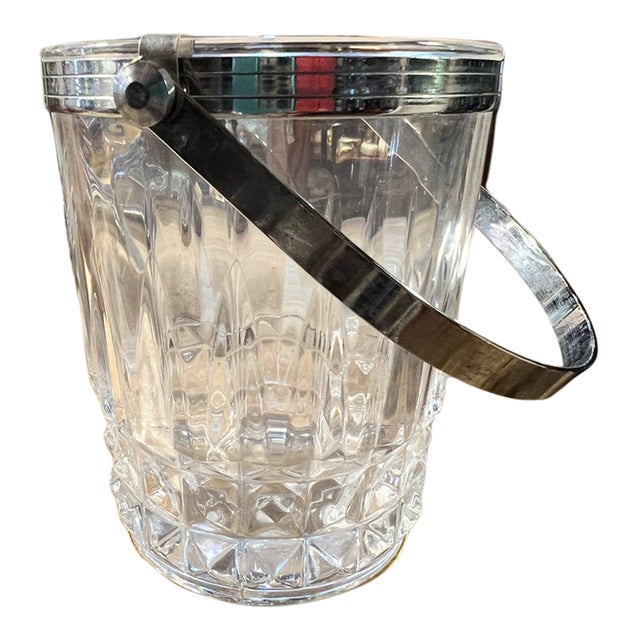 1960s Mid-Century Modern Cristal d'Arques France Crystal Ice Bucket Silver Chrome Handle Barware For Sale