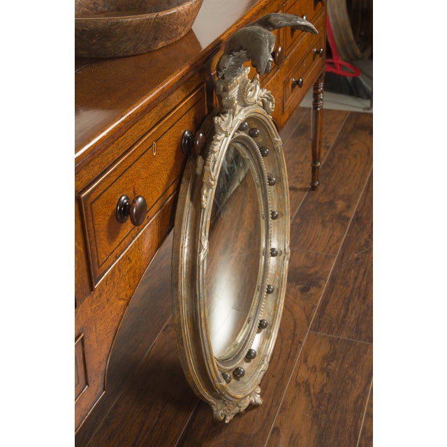 English 1900s Silver Leaf Convex Girandole Bullseye Mirror with Eagle Motif For Sale - Image 4 of 12