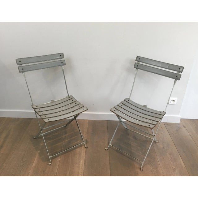 Mid-Century Modern Zanotta, Grey Leather and White Lacquered Metal Folding Chairs, Italian - A Pair For Sale - Image 3 of 13